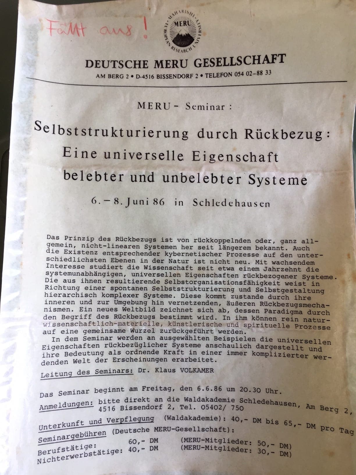 Vergilbtes Blatt der Deutschen MERU Gesellschaft mit der Seminarankündigung von 1986.